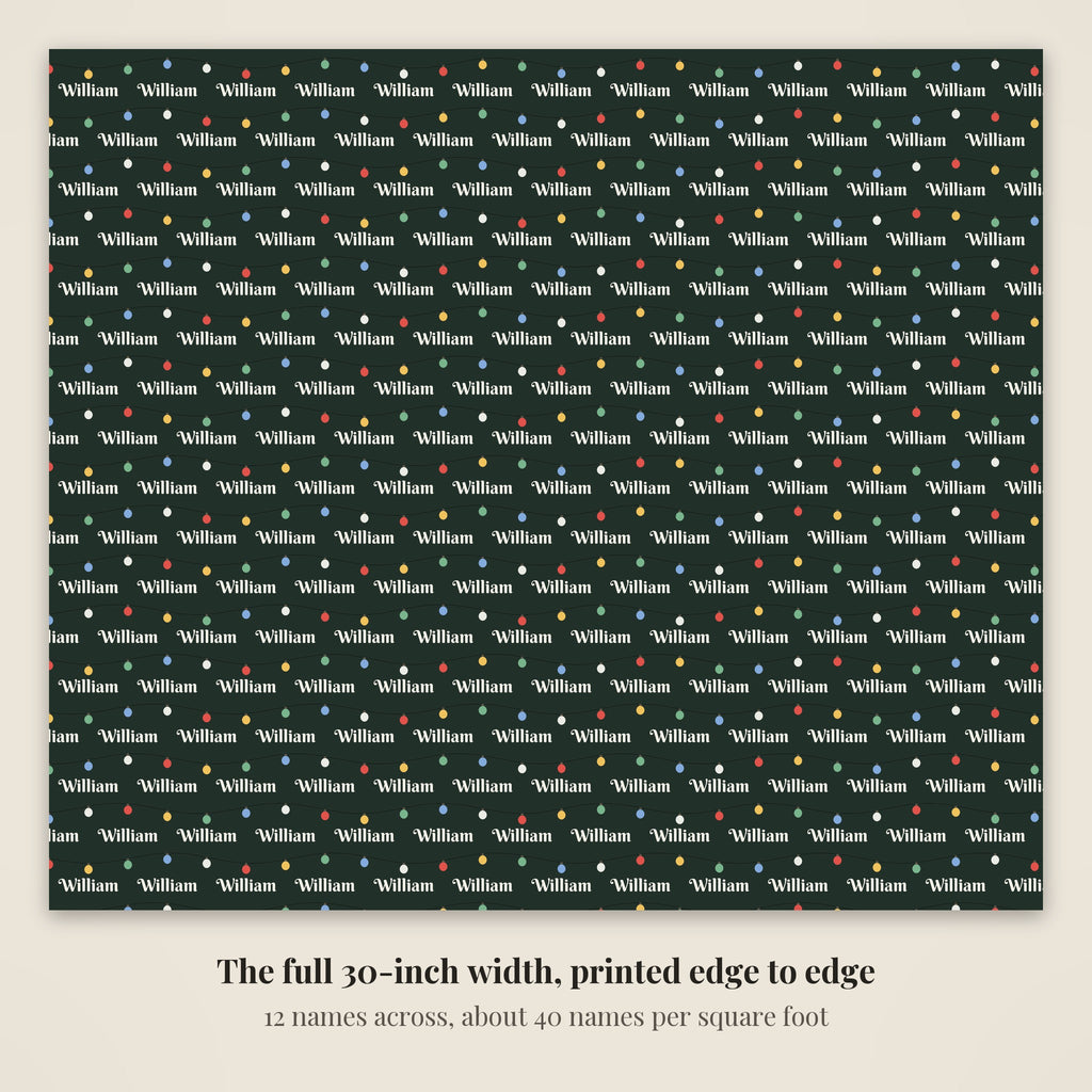 The full 30-inch width of string lights personalized wrapping paper, 12 names across every row