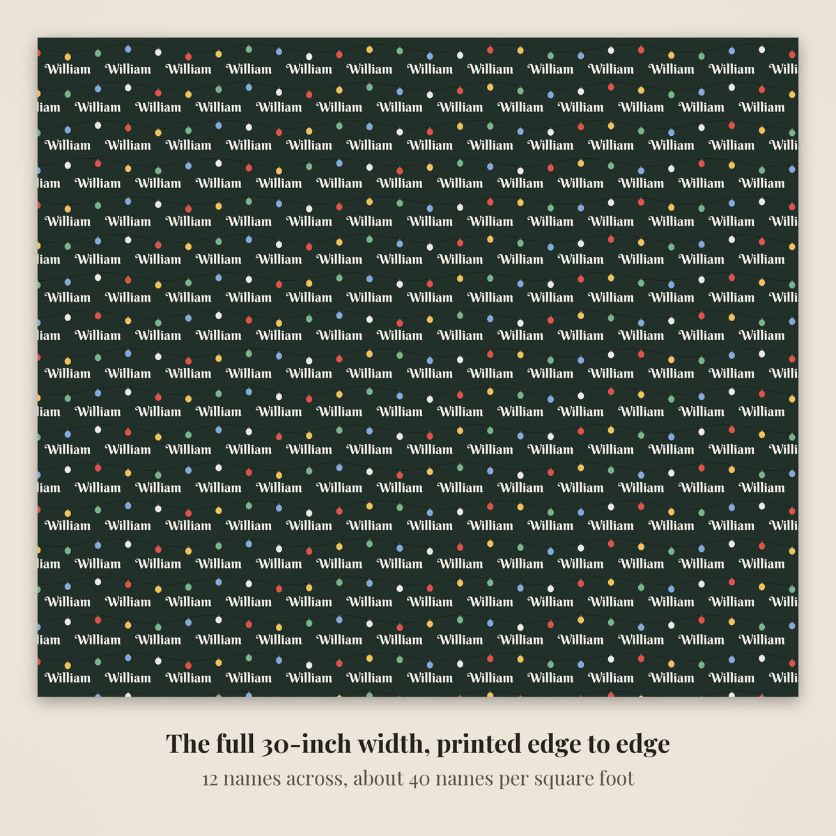 The full 30-inch width of string lights personalized wrapping paper, 12 names across every row